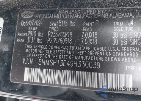 2009 Hyundai Santa Fe Se из США, поврежденный, VIN 5NMSH13E49H330039